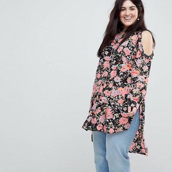 ASOS Curve Koko Neon Cold Shoulder Floral Shirt NWT - Picture 1 of 9